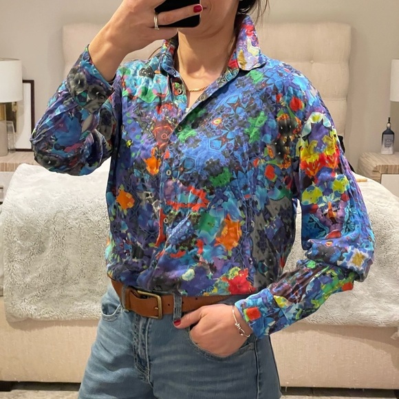Multicolor Abstract Pattern Silk Button Down Shirt - Picture 1 of 8